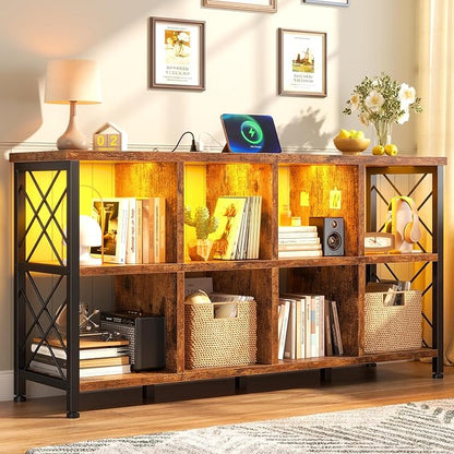 8 Cube Storage Organizer with LED Light and Charging Station, Wood and Metal Cube Shelf, Long Horizontal Book Shelf for Bedroom, Home Office,Rustic Brown