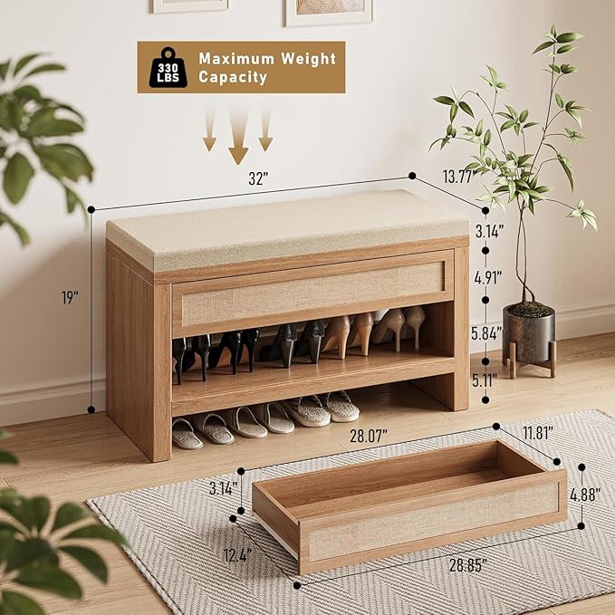 Shoe Bench with Storage Drawer, Farmhouse Wooden Entryway Bench with Linen Cushion, Freestanding Shoe Rack with Open Shelf for Hallway Front Door Living Room Bedroom