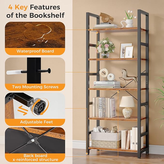 DUMOS 5-Tier Bookshelf, Modern Tall Bookcase, Open Storage Display Shelf for Living Room, Bedroom, Home Office, Narrow Standing Shelving Unit for Books, CDs, Décor，Rustic Brown