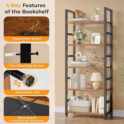 DUMOS 5-Tier Bookshelf, Modern Tall Bookcase, Open Storage Display Shelf for Living Room, Bedroom, Home Office, Narrow Standing Shelving Unit for Books, CDs, Décor，Rustic Brown