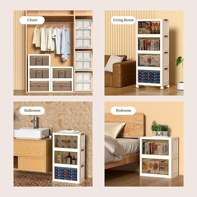 Folding Storage Bins Organizer, Foldable Stackable Plastic Storage Bins with Lids & Doors, Collapsible Drawer Boxes Containers with Wheels for Clothes, Home, Room, White, 2 Tiers