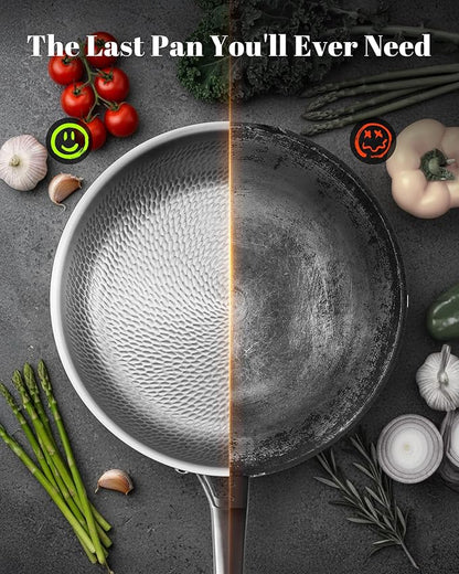 Titanium Pan, 12 Inch Pure Titanium Hammered Pro frying pan with Lid, Non-Toxic Skillet for Cooking, PFAS/PFOA/PTFE Free Cookware, Dishwasher&Oven Safe, Kitchen Induction Compatible