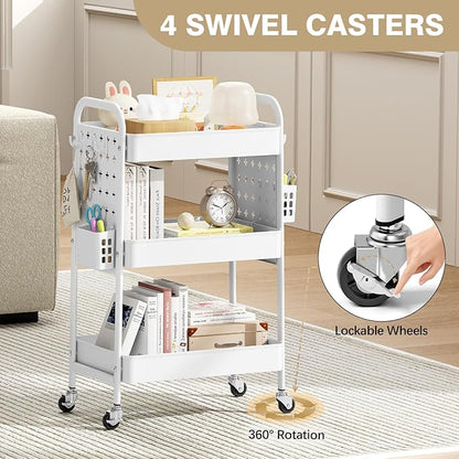 KINGRACK 3 Tier Rolling Cart with DIY Hanging Board, Metal Rolling Utility Cart with Wheels Handles Baskets Hooks, Rolling Storage Cart Suitable for Bathroom, Kitchen, Office, Nursery Diaper (White)