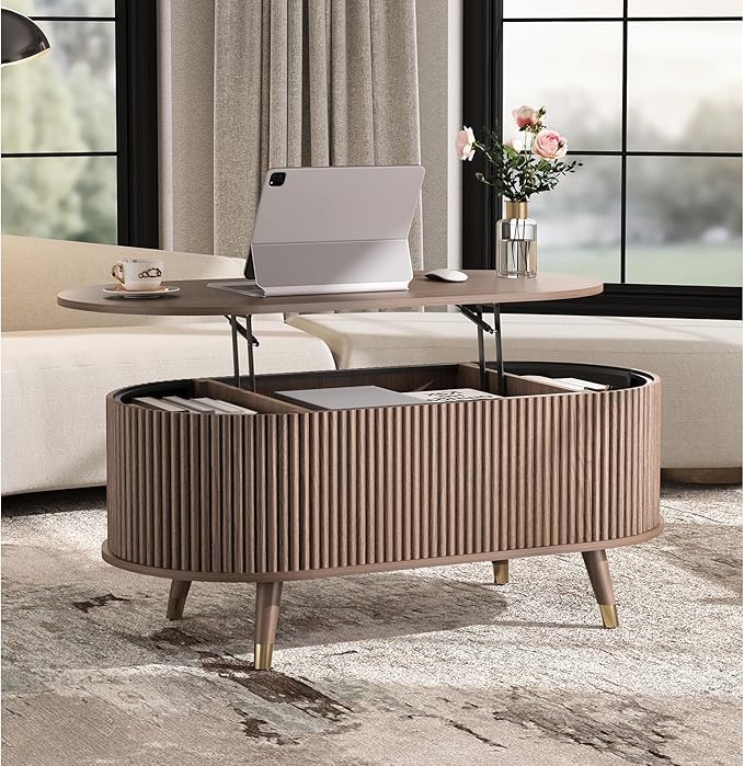 SULIVES Oval Coffee Table with Storage, Multifunctional Coffee Table with Lifting Top, Small Fluted Center Table for Living Room, Walnut