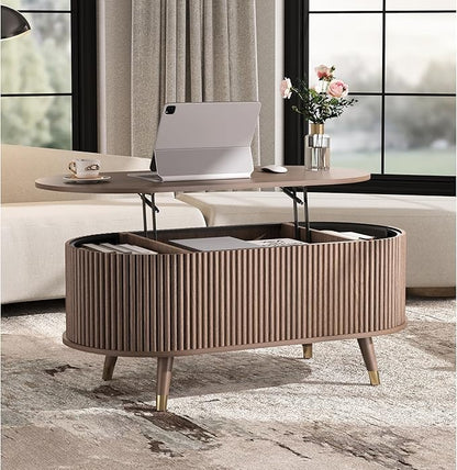 SULIVES Oval Coffee Table with Storage, Multifunctional Coffee Table with Lifting Top, Small Fluted Center Table for Living Room, Walnut