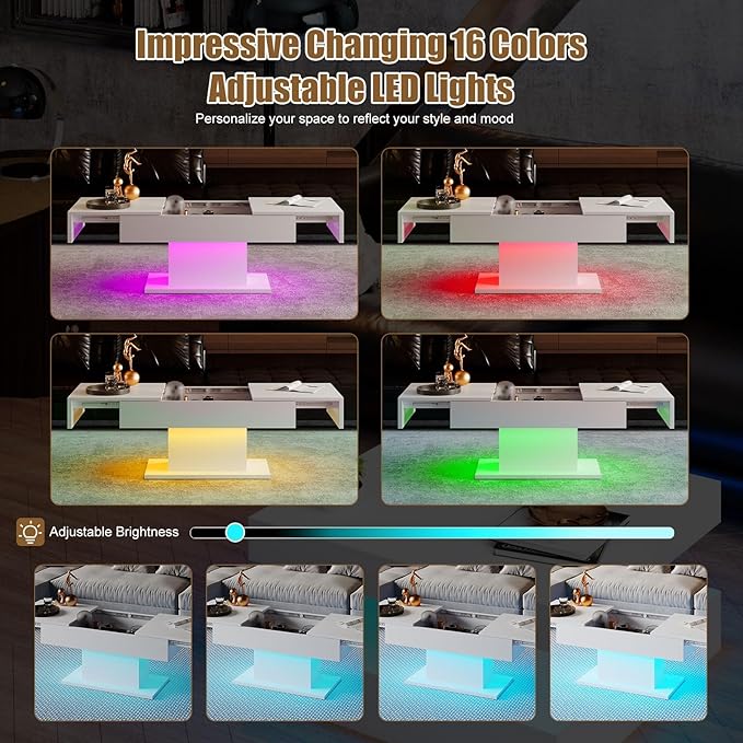 White LED Coffee Table with Storage for Living Room, Living Room Table Rectangular Center Table, Modern High Glossy Wooden Coffee Tables with 16 Colors LED Lights for Dining Reception Room