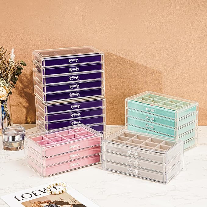 ProCase Earring Holder Organizer Jewelry Box with 5 Drawers, Acrylic Clear Earring Case with Adjustable Velvet Trays for Women - Aqua, 5 Layers