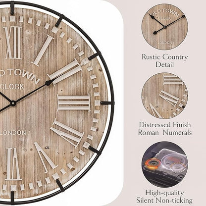 MICWIC Farmhouse Wall Clock 30 Inch - Rustic Wood Metal Decor, Silent Sweep, Battery Operated for Living Room Kitchen Office, Brown