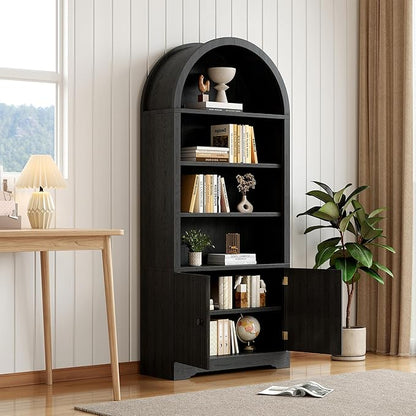 70" Arched Bookcase with Storage, 6 Tier Bookshelf with Door, Freestanding Display Storage Cabinet Farmhouse Storage Shelves for Living Room,Bedroom Home Office,Black Oak-2