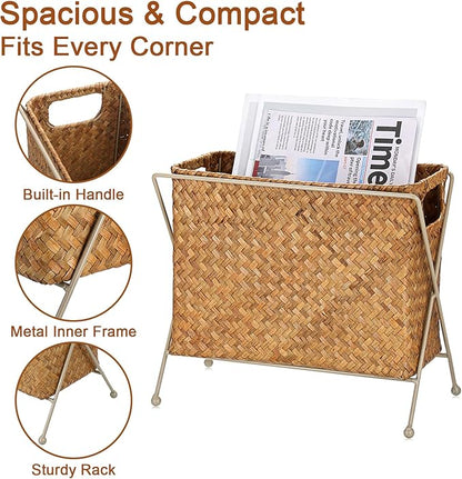 BTSKY Handwoven Magazine Holder, Natural Seagrass Magazine Basket with Metal Rack, Mail Holder Floor Organizer for Office, Living Room, Dorm, Bathroom, Woven Rattan File Basket with Handle(Caramel)