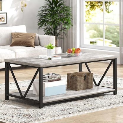 FOLUBAN Modern Coffee Table, Rustic Wood and Metal Center Table with Storage Shelf, Industrial Cocktail Table for Living Room, Light Grey, 39 Inch