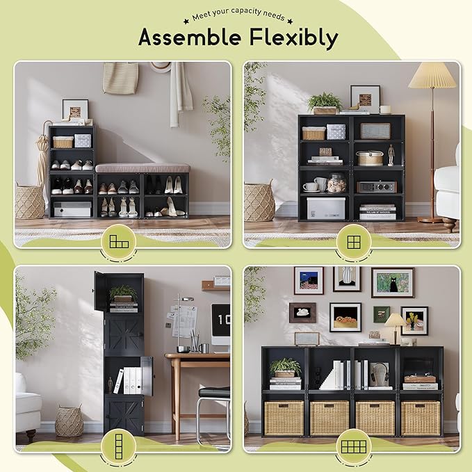 2-Tier Stackable Cube Storage Organizer, DIY Cube Storage Bookcase with Doors & Anti-Tip Design, Book Shelf for Bedroom, Office, Dorm,15" W x 11.81" D x 30" H, Black