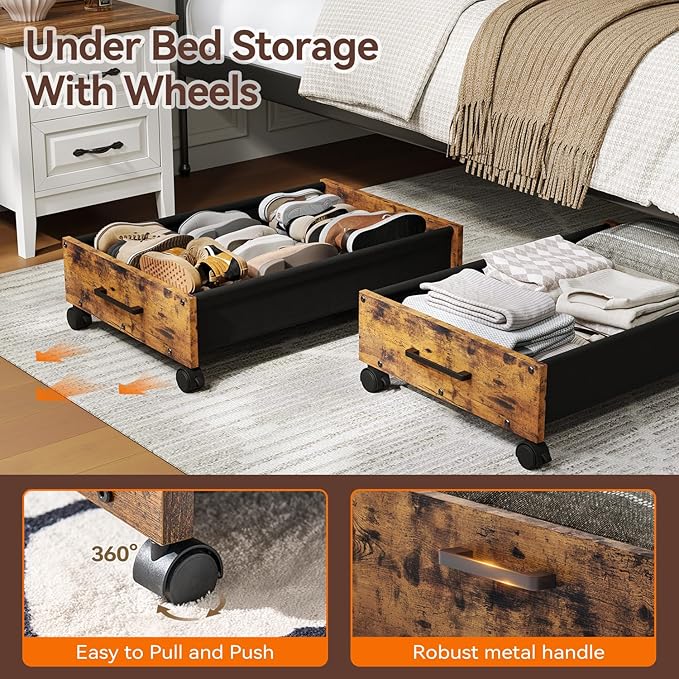 FOUCSSOMEI Under Bed Storage with Wheels, Wooden Under Bed Drawers On Wheels, Rolling Under Bed Shoe Storage, Space Saving, Rustic Brown,30L