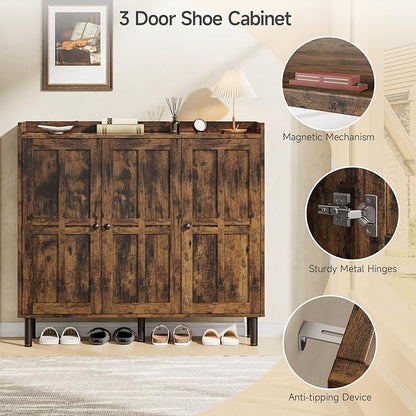 ONBRILL Shoe Cabinet with 3 Doors and Adjustable Shelves, 30 Pairs Shoe Storage Cabinet, 40 Inch Tall Farmhouse Shoe Rack Shoe Organizer Cabinet for Entryway Living Room Closet, Rustic Brown