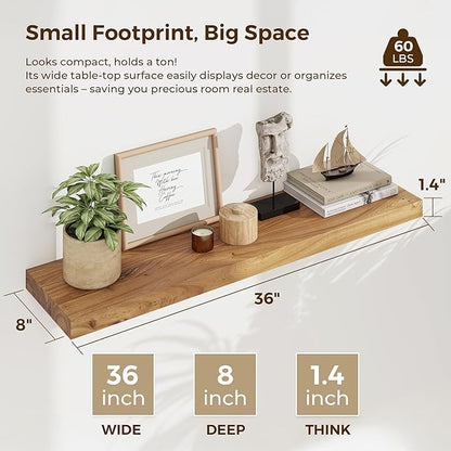 Wood Floating Shelves 36 Inch Long, Rustic Solid Elm Wood Shelves for Home Decor, 8 Inch Deep Wall Shelf with Invisible Bracket for Living Room Bathroom Bedroom Kitchen, Natural Color, Set of 2