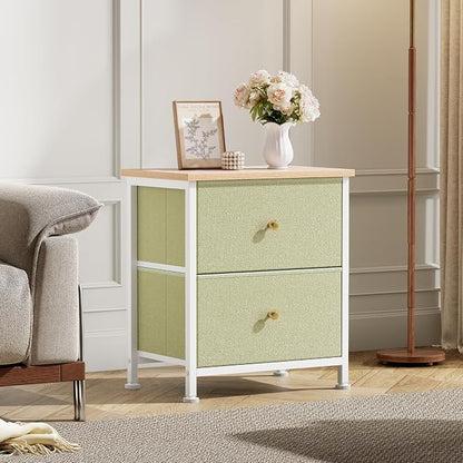DUMOS Nightstand Small Dresser with 2 Fabric Drawers Side Tables Bedroom End Table Kids Bedside Storage Furniture for 20 inch Tall Night Stand for Closet, Entryway, College Dorm, Light Green 2Pack