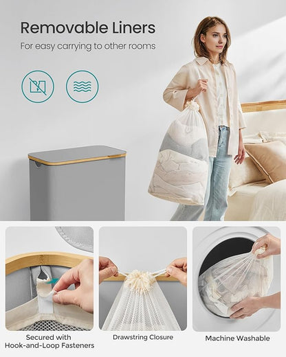 SONGMICS Laundry Hamper with Lid, 2-Section Large Laundry Basket, 34.3-gallon (130L), Removable Mesh Liner, Bamboo Handles, Collapsible, 20.5 x 15.2 x 27.8 Inches, Dove Gray ULCB513G01