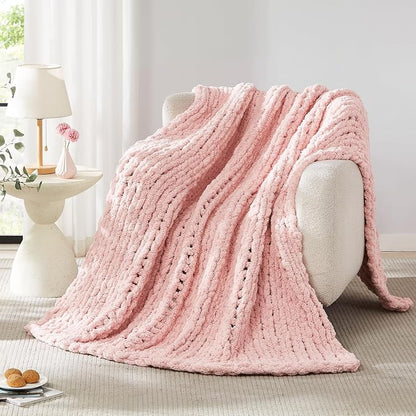 L'AGRATY Chunky Knit Blanket Throw: 72''x84'' Chenille Chunky Knitted Throw Blankets for Bed Couch - Handmade Thick Big Cable Knit Blanket - Large Crochet Rope Blankets for Home Decor(Pink)