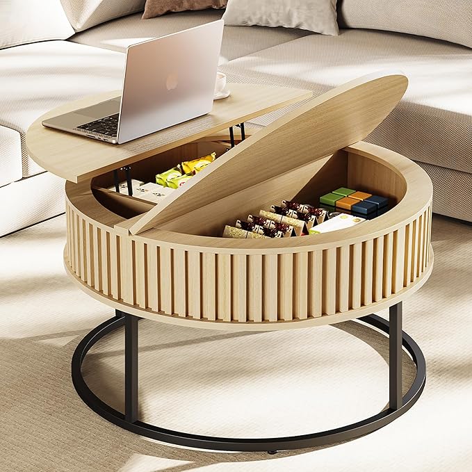 Round Coffee Table with Lift Top - Fluted Wood Center Coffee Tables for Living Room, Lifting Up for Dining, Large Hidden Circle Storage Compartment for Small Spaces, Mid Century Modern