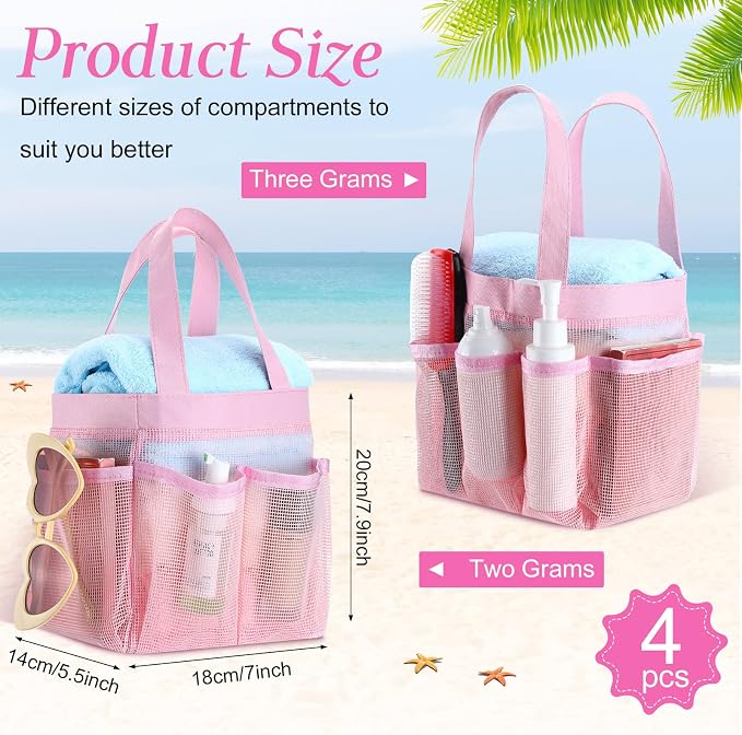 Hillban 4 Pcs Mesh Shower Caddy Portable Shower Caddy for Dorm Beach Mesh Bags with Deeper 8 Pockets and Handles Showers Caddies Basket for Women College Room Vacation(Pink)