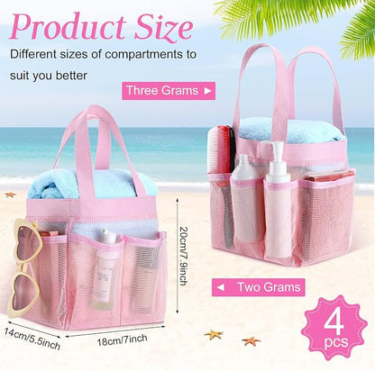 Hillban 4 Pcs Mesh Shower Caddy Portable Shower Caddy for Dorm Beach Mesh Bags with Deeper 8 Pockets and Handles Showers Caddies Basket for Women College Room Vacation(Pink)