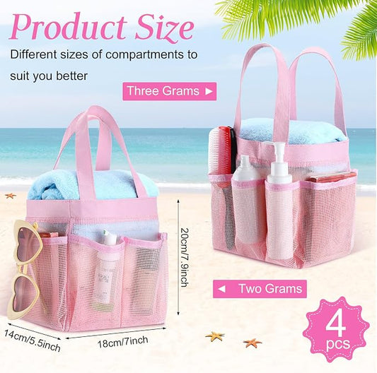 Hillban 4 Pcs Mesh Shower Caddy Portable Shower Caddy for Dorm Beach Mesh Bags with Deeper 8 Pockets and Handles Showers Caddies Basket for Women College Room Vacation(Pink)