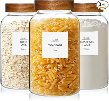 KEYWING 88oz Large Glass Jars with Airtight Acacia Wood Lids, Set of 3 Food Storage Containers for Flour, Sugar, Rice, Pasta, Cereal, Cookies – Includes 126 Labels