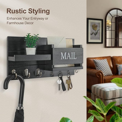 Mail Organizer for Wall Mount – Key Holder with Shelf Includes Letter Holder and Hooks for Hallway Farmhouse Decor – Rustic Wood with Flush Mounting Hardware (16.5” x 9.1” x 3.4”) (Black)