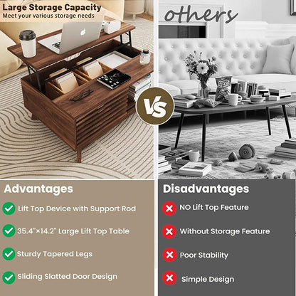 HAIOOU Lift Top Coffee Table, Mid Century Modern Coffee Table with Storage for Living Room, 35.4'' Walnut Coffee Tables with Sliding Fence Door (Brown)
