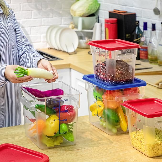 Lallisa 4 Pcs 8 Qt and 4 Qt Clear Food Storage Containers with Lids, Handles and Scales, Commercial Grade Square Containers Polycarbonate Air Tight for Home Storage Kitchen Restaurant(Red, Blue)