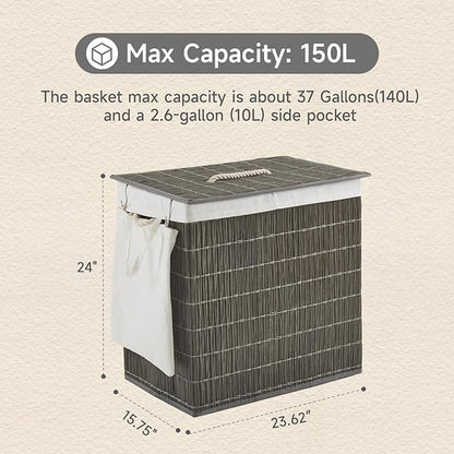 Laundry Hamper with Lid, 39.6 Gallon(150L) Large Laundry Basket 2 Removable Liner Bags, Synthetic Rattan Clothes Hamper with Side Pocket, laundry organization for bathroom, laundry room, Grey