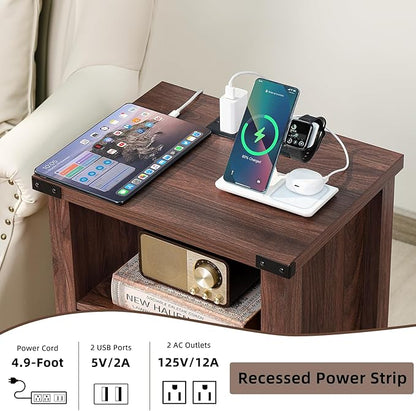 Night Stand Set of 2, 18 Inch Farmhouse Nightstand with with Charging Station and USB Port, Rustic Wood Bedside Table with Magnetic Door, Bed Side Tables for Bedroom, Brown Walnut