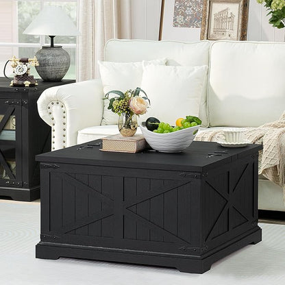 Farmhouse Coffee Table with Large Hidden Storage Compartment, Rustic Black Square Center Table, Wood Low Farm House Modern Living Room Tables with Hinged Lift Top & Wooden Arc Base