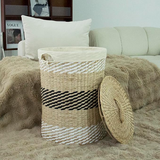 Hand Woven Laundry Basket with Lid,21-Inch Laundry Hamper with Removable Liner for Laundry and Elegant Storage,Multicolor