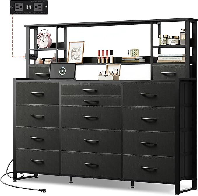 Tall Console Table with 15 Fabric Drawer & 5 Open Shelves, Tall Storage Organizer with Charging Station, Storage Tower Organizaton for Living Room, Hallway, Office, Black
