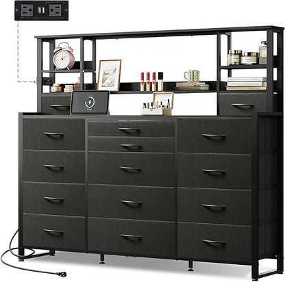 Tall Console Table with 15 Fabric Drawer & 5 Open Shelves, Tall Storage Organizer with Charging Station, Storage Tower Organizaton for Living Room, Hallway, Office, Black
