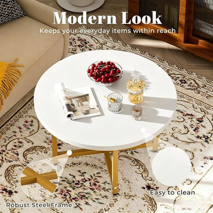 FAMIDGE Round Coffee Table, Small Coffee Tables for Living Room, Wood Coffee Table with Metal Frame, Floor Table Desk for Sitting on The Floor, Home, Office, Farmhouse, White & Gold (23.6"D x 17.7"H)