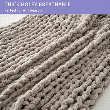Bigacogo Chunky Knit Throw Blanket for Couch, 60x80 inches, 100% Hand Knitted with Thick Jumbo Chenille Yarn, Cozy Soft Large Rope Knot Cable Crochet Blankets for Sofa Bed Living Room, Taupe
