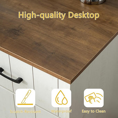 55" Executive Desk, Modern Wood Office Table with Charging Station, 5 File Drawer & 1 Storage Cabinet, Home Computer Writing Desk for Work Study, Living Room, Bedroom (White)