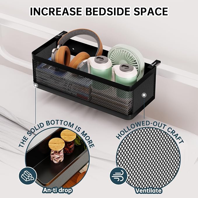 Bedside Caddy Shelf for Bunk Bed & Dorm, Adjustable Bunk Bed Caddy Holder for Top Bunk, Rails, Cribs, Bedside Shelf Organizer for Phone/Books/Drinks (Black, L(L11in*W4.9in*H3.93in))