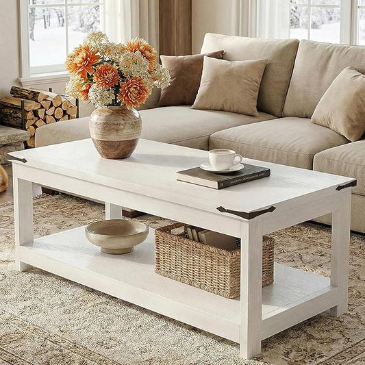 Homieasy 43.3” Rectangular Coffee Table with Storage Shelf, Farmhouse Wood Center Table for Living Room, Modern Black Tea Table with Open Shelf, White