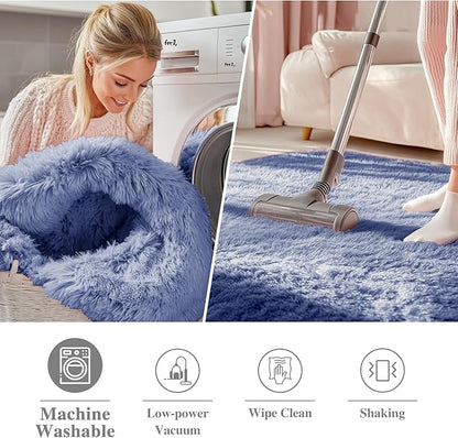 OLANLY Denim Blue Round Rugs for Bedroom - Machine Washable, 3 ft Circle Area Rugs for Living Room, Soft and Fluffy Shaggy Carpet for Teen Girl and Boys, Nursery Rooms, Dorms, Home Decor Aesthetic