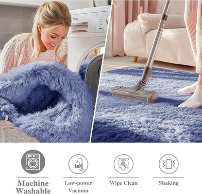 OLANLY Denim Blue Round Rugs for Bedroom - Machine Washable, 6 ft Circle Area Rugs for Living Room, Soft and Fluffy Shaggy Carpet for Teen Girl and Boys, Nursery Rooms, Dorms, Home Decor Aesthetic