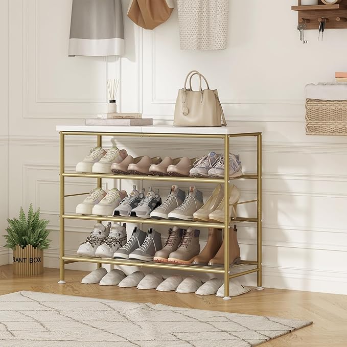 SUOERNUO Shoe Rack Organizer 4 Tier for Closet Entryway Free Standing Metal Storage Shoe Shelf with MDF Top Board，Gold