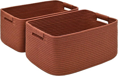 2 Pack Large Storage Basket for Organizing, 17.5"x13.5"x7.5" Woven Basket for Shelves, Closet Cube Storage Bins with Wrapped Handle, Cotton Rope Baskets for Kitchen, Clothes, Toys(Oxide Red)