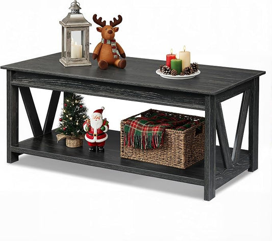 WLIVE Coffee Table, 43" Farmhouse Coffee Table with Storage Shelf & Sturdy V-Shaped Support, Wood Center Table for Living Room, Bedroom, Office and Balcony, Black