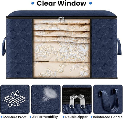 Fab totes Storage Bags,Clothes Blanket Storage Bins Foldable Closet Organizers with Reinforced Handle for Home Dorm Storage and Organization,Fabric Bags for Organizing Sheets,Clothing (Blue,3 Pack)