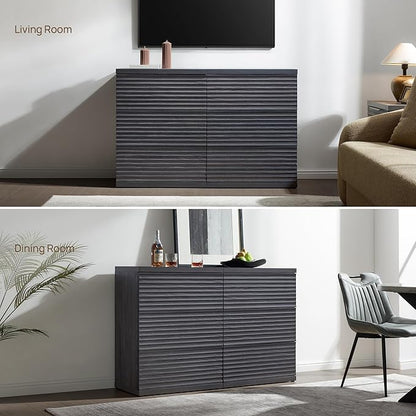 SICOTAS Sideboard Buffet Liquor Cabinet with Storage, Modern Fluted Credenza Coffee Bar Storage Cabinet with Larger Drawers, Mid Century Media Console for Kitchen Hallway, Dark Grey Alder (3 PCS)