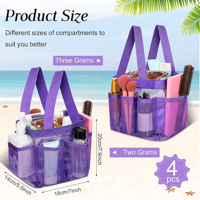 Hillban 4 Pcs Mesh Shower Caddy Portable Shower Caddy for Dorm Beach Mesh Bags with Deeper 8 Pockets and Handles Showers Caddies Basket for Women College Room Vacation(Purple)