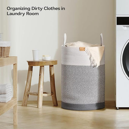 Laundry Hamper 75L,Large Laundry Basket for Clothes,Decorative Storage Basket for Blankets,Cotton Rope Woven basket for bedroom,Grey White